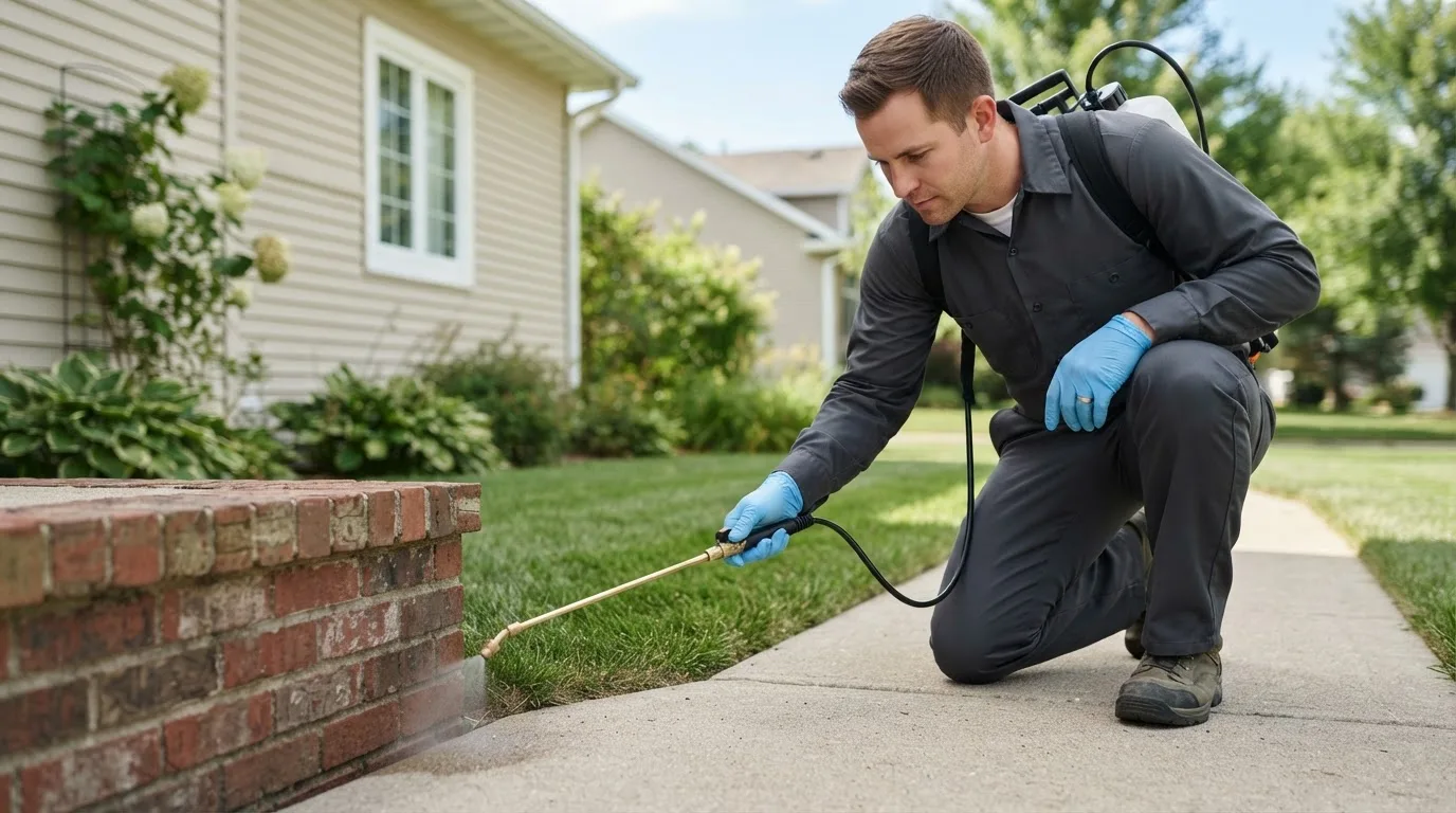 Pest control technician treating a home near Brownsville, PA